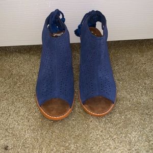 Toms navy blue suede open toe tie back heels